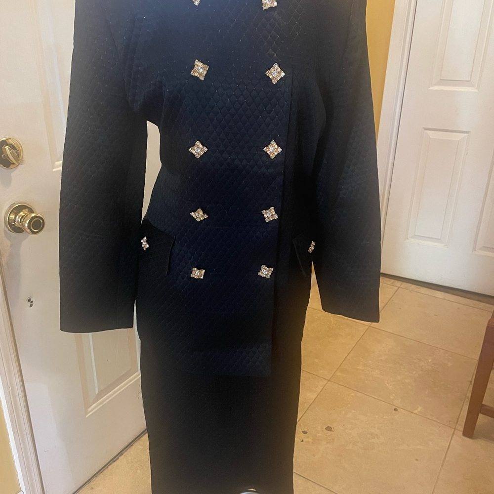Lily & Taylor Elegant Black Quilted two piece skirt suit with Crystal Accent